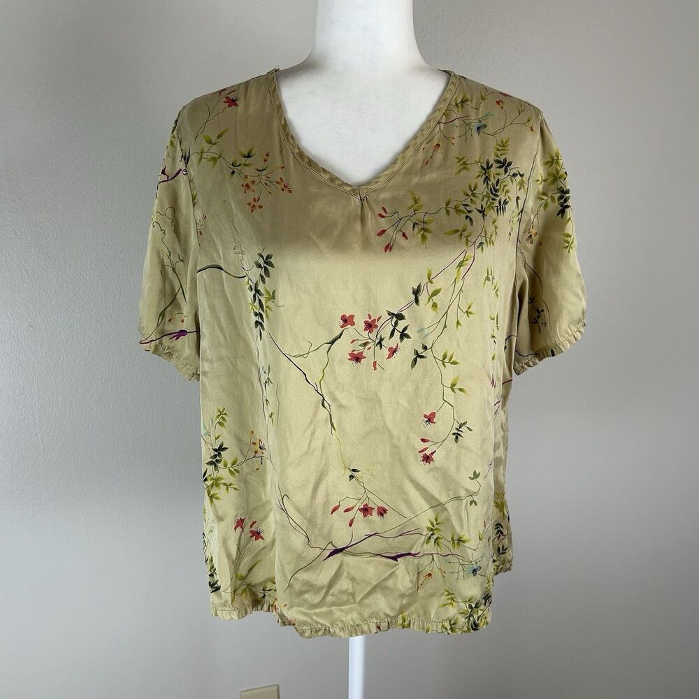 Vintage L 100% Silk Top Blouse Oriental Asian Floral Satin V-neck Short Sleeve